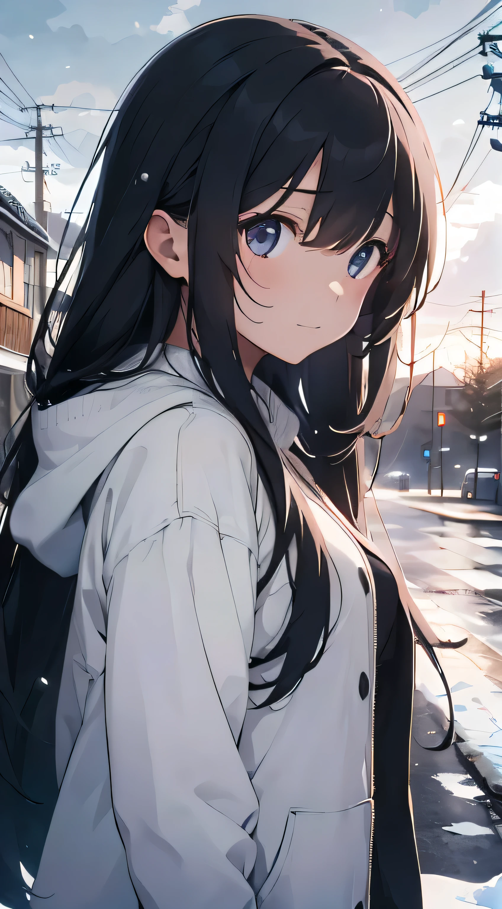 Generate an image of 1girl, long hair, who appears melancholic and sad but also forcefully smiling and transient in her expression, the environment is covered in snow and skies are clouded, winter season, absurdres, high res, ultrasharp, 8K, masterpiece, Looking at viewer