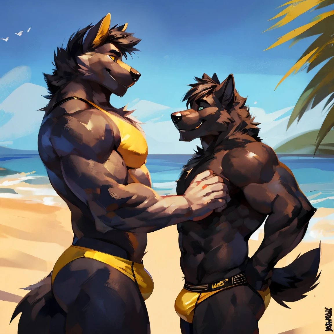Muscular black wolf, wolf, all black, black hair, perfect body, in speedo, yellow speedo, yellow, yellow brief, strong arms, chest, side view, body in profile, posing, smile, on the beach By mystikfox61