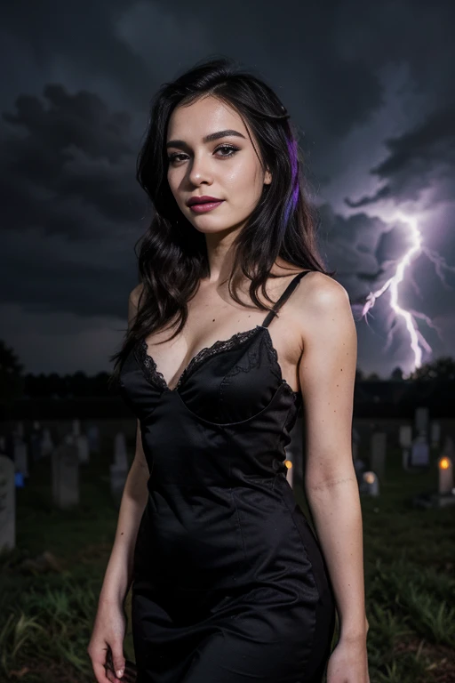 a woman, 25ear old, long brunette hairs,  textured skin, romantic smile, purple and black  hairs, professionnal lightning, flash lightning, in a cemetery, by night, black and purple makee up, black lace dress, spooky, 