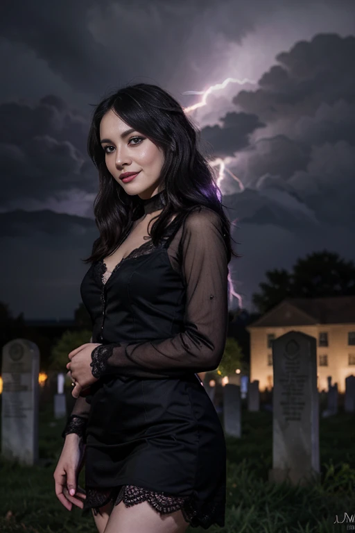 a woman, 25ear old, long brunette hairs,  textured skin, romantic smile, purple and black  hairs, professionnal lightning, flash lightning, in a cemetery, by night, black and purple makee up, black lace dress, spooky, 