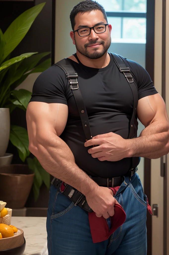 An award-winning original photo, 1 man, solo, (41 year old)), George Pei, Chris Redfield, ((daddy)), muscular male, round face, bulge, (blue overalls), (black T-shirt), (tool belt), black with white hair, (big shoulders), musculature, stubbles, Short beard, Beautiful eyes:1.3, ), (Detailed face:1.3), wearing glasses, smiles, Dynamic Angle, volumetric lighting, (Best quality, A high resolution, Photorealistic), Cinematic lighting, Masterpiece, RAW photo, Intricate details, hdr, depth of field，brush cut，short detailed hair，fatness，double eyelid，slightly fat big breasts,(Best quality, A high resolution, Photorealistic), Cinematic lighting, Masterpiece, RAW photo, Intricate details, hdr,