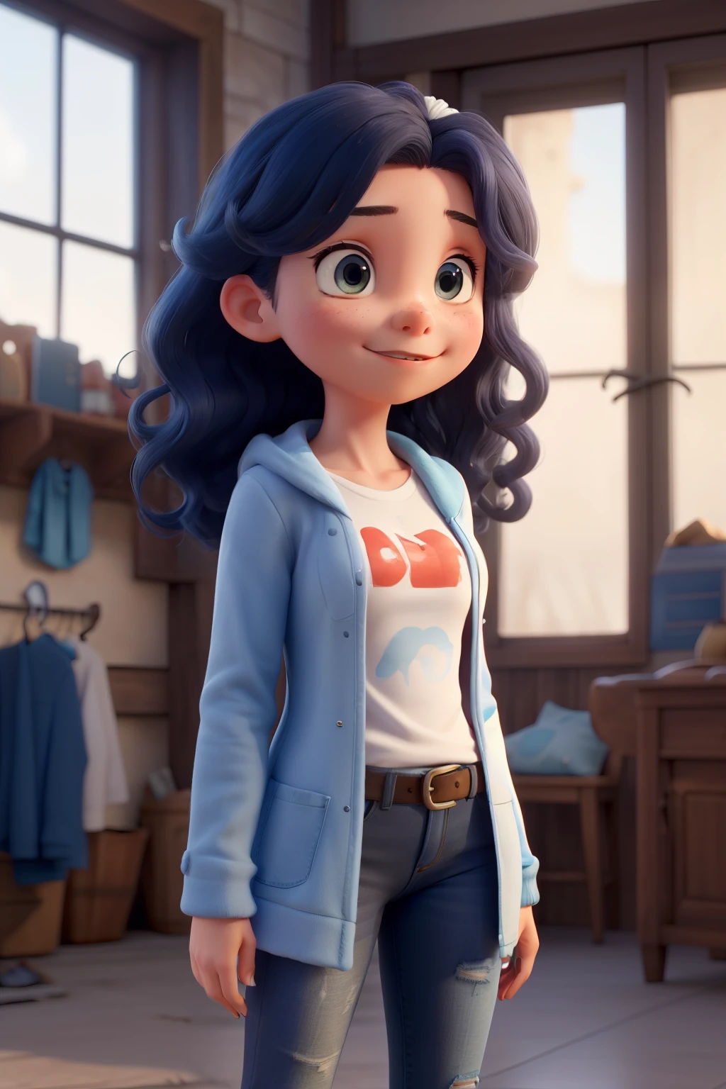 ((mejor calidad)), ((Obra maestra)), (detallado), Girl-young, blue and wavy hair, white T-Shirt, Blue Jeans, Black Coat