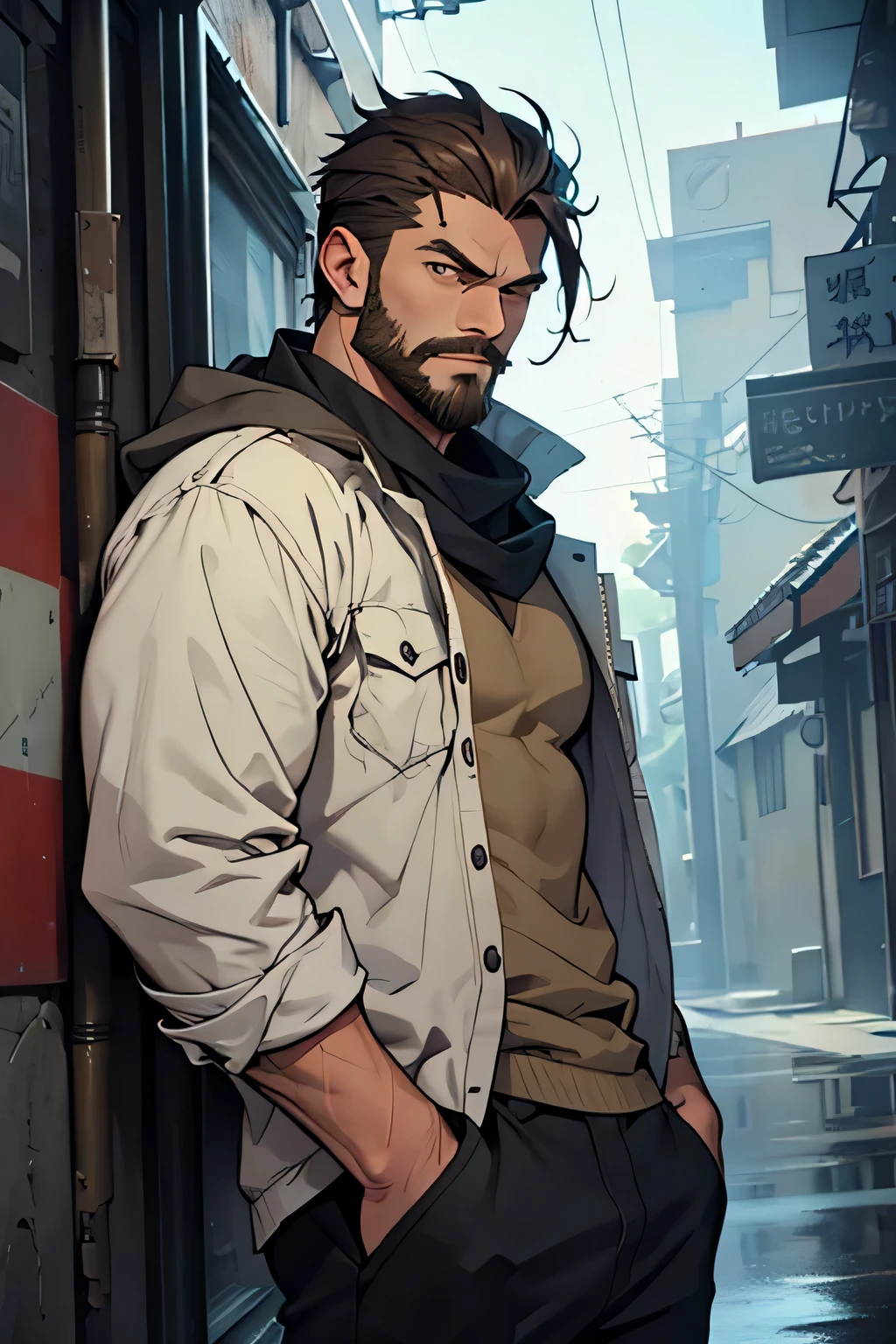 Noah is a man with a striking presence and an appearance that conveys determination and mystery.. His angular face is dominated by a dense, well-groomed beard., which adds an air of sophistication and rusticity to your figure. Beard hair is dark, contrastando com a pele clara do rosto, and form a defined contour that frames your chin and jaw.
Her deep brown eyes are penetrating and expressive, conveying a sense of calm and confidence. Sob suas sobrancelhas ligeiramente arqueadas, there is an intensity that suggests a keen and determined mind.
O cabelo de Noah, also dark, it is cut short on the sides and a little longer on top, combed back with a slight mess that gives it a casual and natural look. Algumas mechas rebeldes caem sobre sua testa, adding a touch of charm and authenticity to your appearance.
Noah veste uma camisa de mangas curtas de cor azul desbotado, with a simple, casual style that perfectly matches your laid-back personality. His posture is relaxed and confident, reflecting an attitude of someone who is ready to face any challenge that comes their way.
These aesthetic details define Noah as an intriguing and charismatic character., whose presence is captivating and magnetic. Sua barba imponente, Expressive eyes and relaxed style make him a memorable figure in any scene.