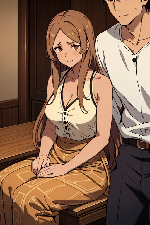 ((best quality)), ((masterpiece)), (detailed), perfect face, brown skin anime woman in a deep V Neck button-up cami top, (long skirt), (cool patterned top), famished in hunger, (gently resting hands on stomach), (long hair), (hands on her stomach), (slim and fit woman), (embarrassed expression), the woman is sitting next to smiling boy