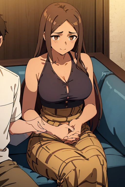 ((best quality)), ((masterpiece)), (detailed), perfect face, brown skin anime woman in a deep V Neck button-up cami top, (long skirt), (cool patterned top), famished in hunger, (gently resting hands on stomach), (long hair), (hands on her stomach), (slim and fit woman), (embarrassed expression), the woman is sitting next to smiling boy