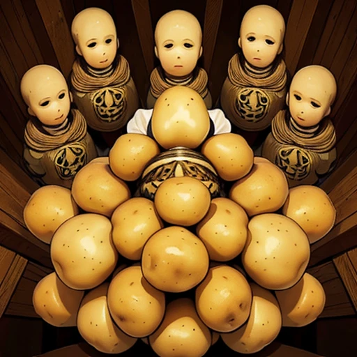 (a figurehead body made of many potatoes), mask, abstract, distorted reality, Illusion, yellow-brown tone, illustration
