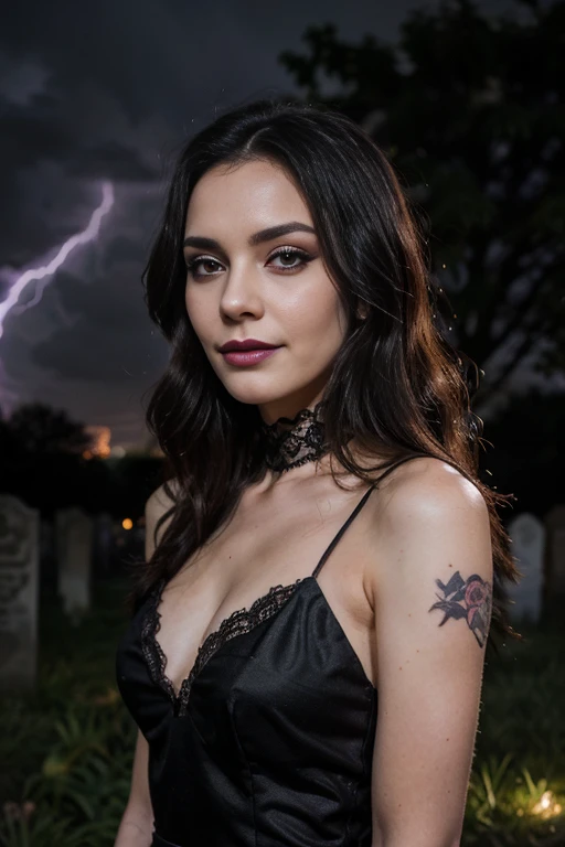 a woman, 25ear old, long brunette hairs, textured skin, romantic smile, purple and black hairs, professionnal lightning, flash lightning, in a cemetery, by night, black and purple makee up, black lace dress, spooky, spider web tattoo on the neck