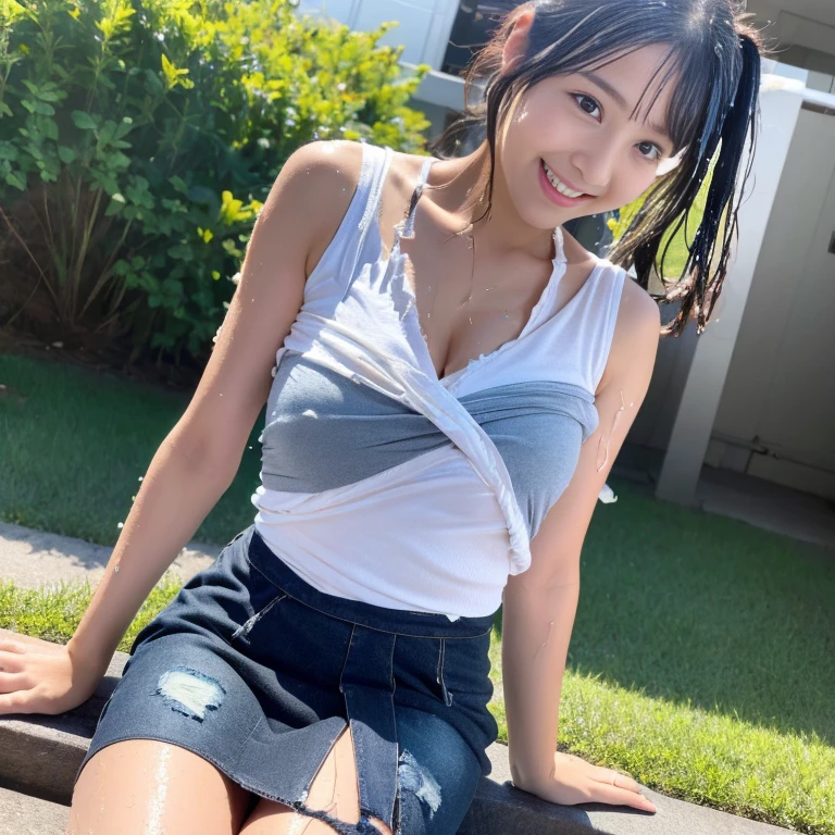 ### Photo
- High-resolution
- Realistic photo
- Snapshot of natural appearance
### Shooting Angle
- Low front angle from the ground
- Wide shot that includes the full body
### Person
- Female
- Japanese
- kawii University Student
- 20 years old
- Youthful
- Lively
- Healthy and Beautiful Skin
- innocent-Cute
- Pure
### Pose
- Dainty and bold step
- showcasing beautiful inner-thighs
- right knee on the ground and left knee up
- wearing High-thigh skirt
- Bending deeply forward
### Outfit
- a sleeveless white bold top
- naturally accentuates the line of the upper chest with its V-neck design
- tattered and torn
- High-thigh bold skirt
- Exposing most of the high-thighs
- tattered and torn, Tears、(ripped clothing:1.5)、(Wet clothes:1.4)
### Hairstyle
- Half-ponytail
### Expression
- Bright
- girlish
- Toothy smile