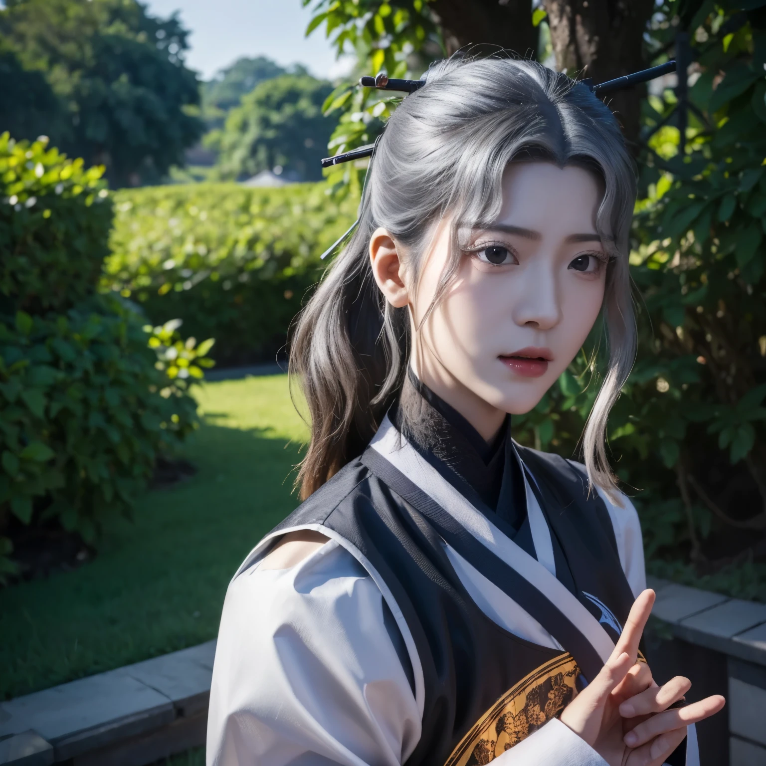 1 tràng trai trẻ, Sharp face with angular details, Wearing Hanfu, ngồi thiền, Peace of mind, in the sun, 4k, full hd, hight quality, details, anime