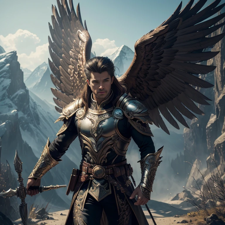 (master piece:1.5), (best quality:1.5), (exquisite lighting and shadow, highly dramatic picture, cinematic lens effect) (Photorealistic picture) (Card game image) 8k, wallpaper, dynamic pose, full body male eagle head man wearing an intricate elaborate white armor with green ornaments, big eagle wings, holding a big war hammer, standing up un a tower, mountains at the far distance, ethereal lighting, sharp focus, highly detailed, realistic, cinematic lighting, studio quality