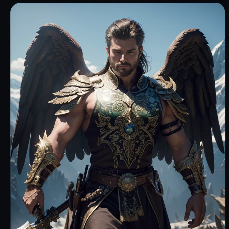 (master piece:1.5), (best quality:1.5), (exquisite lighting and shadow, highly dramatic picture, cinematic lens effect) (Photorealistic picture) (Card game image) 8k, wallpaper, dynamic pose, full body male eagle head man wearing an intricate elaborate white armor with green ornaments, big eagle wings, holding a big war hammer, standing up un a tower, mountains at the far distance, ethereal lighting, sharp focus, highly detailed, realistic, cinematic lighting, studio quality