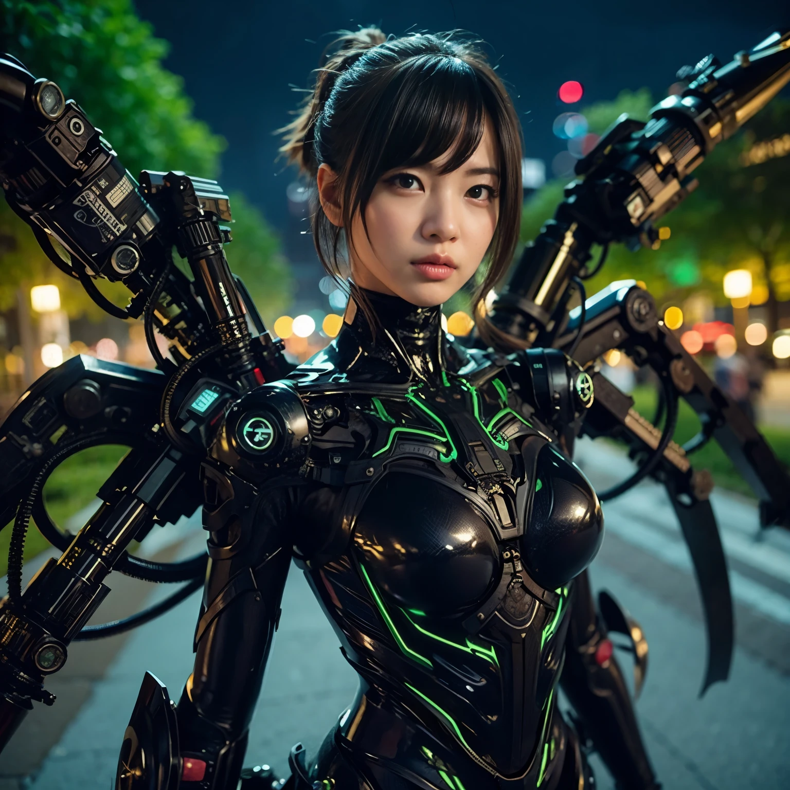 Masterpiece, (ultimate quality:1.2), 8k, Japanese woman in demon-type powered suit, very beautiful face, mechanical, (mechanical bat wings), hydraulic cylinder, power pipe, ultimately intricate details, full body shot, (ultimate photo Realistic:1.37), Park with a beautiful view at night, (Steampunk: 1.2), (Cyberpunk), Full body photo, Wide-angle shot,