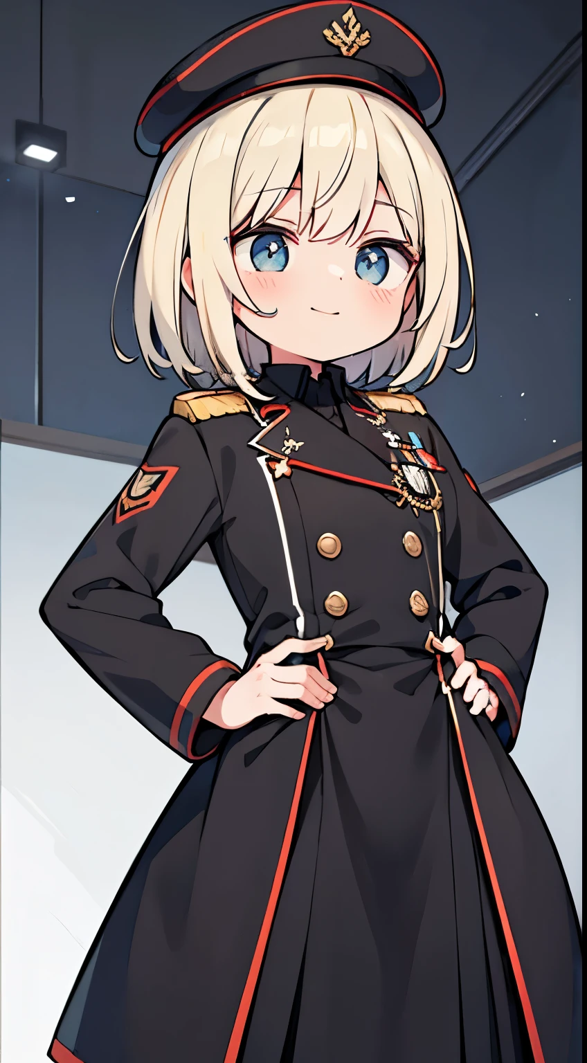 ((uma garotinha))(olhos vermelhos)((peito chato))(cabelos brancos)(uma cavalinha)(Dressed in a black German-style military uniform)(Wearing a German military cap)(The temperament is very domineering)(Um sorriso assassino fluiu)(with your hands behind your back)Standing((comunismo))Badges are hung all over the chest(Dressed in a black & red army coat)