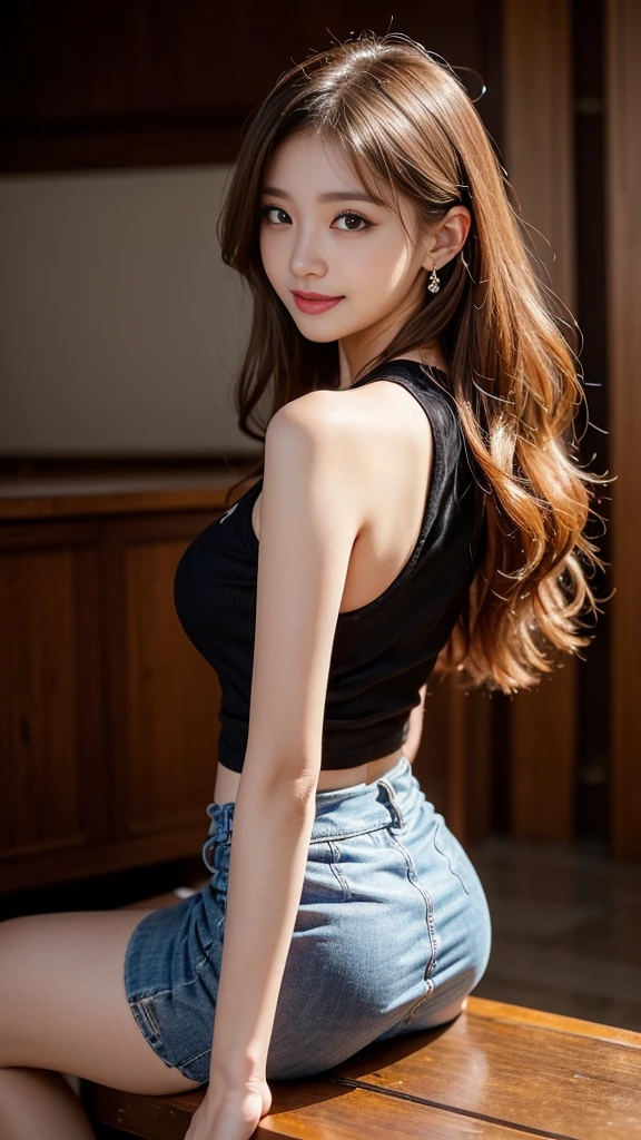 27 years old , fire、(UV black light :1.5), Dark Live House (Dark Live House)、night club, Psych Lighting, Dark interior, 1 woman(Korean K-pop star), Crowd of men surrounding her, (Tight sleeveless blouse in black color、tight mini skirt、끈있는 high heel:1.3)、beige skirt、Plump thighs、날씬한 beautiful bridge、shoot from the knee、angle from below、beautiful knee chest、gyaru nail art, bracelet, Jewelry earrings, white girl、woman makeup、long eyelashes、pink teak、fancy eye makeup、Mascara、orange hair:1.2、beautiful ass、beautiful hip line、random seductive poses、((fascinating expression:1.1))((etched smile))((Partially tied wavy bob hair))、The face is orderly.、looking at the viewer、fascinating look、Gestures of seduction、detailed face、beautiful face、Hair tying、Light brown eyes、1 girl、innocence、(realistic)、(intricate details:1.2)、(masterpiece、:1.3)、(top quality:1.4)、(Ultra A high resolution:1.2)、Ultra A high resolution、(eye for detail)、(detailed face 특징)、nffsw、8K resolution、random and sexy poses、beautiful bridge、Bend your knees slightly.、high heel、Your butt line is pretty、surrounded by men, closing one&#39;s eyes, intense dance, fluttering hair