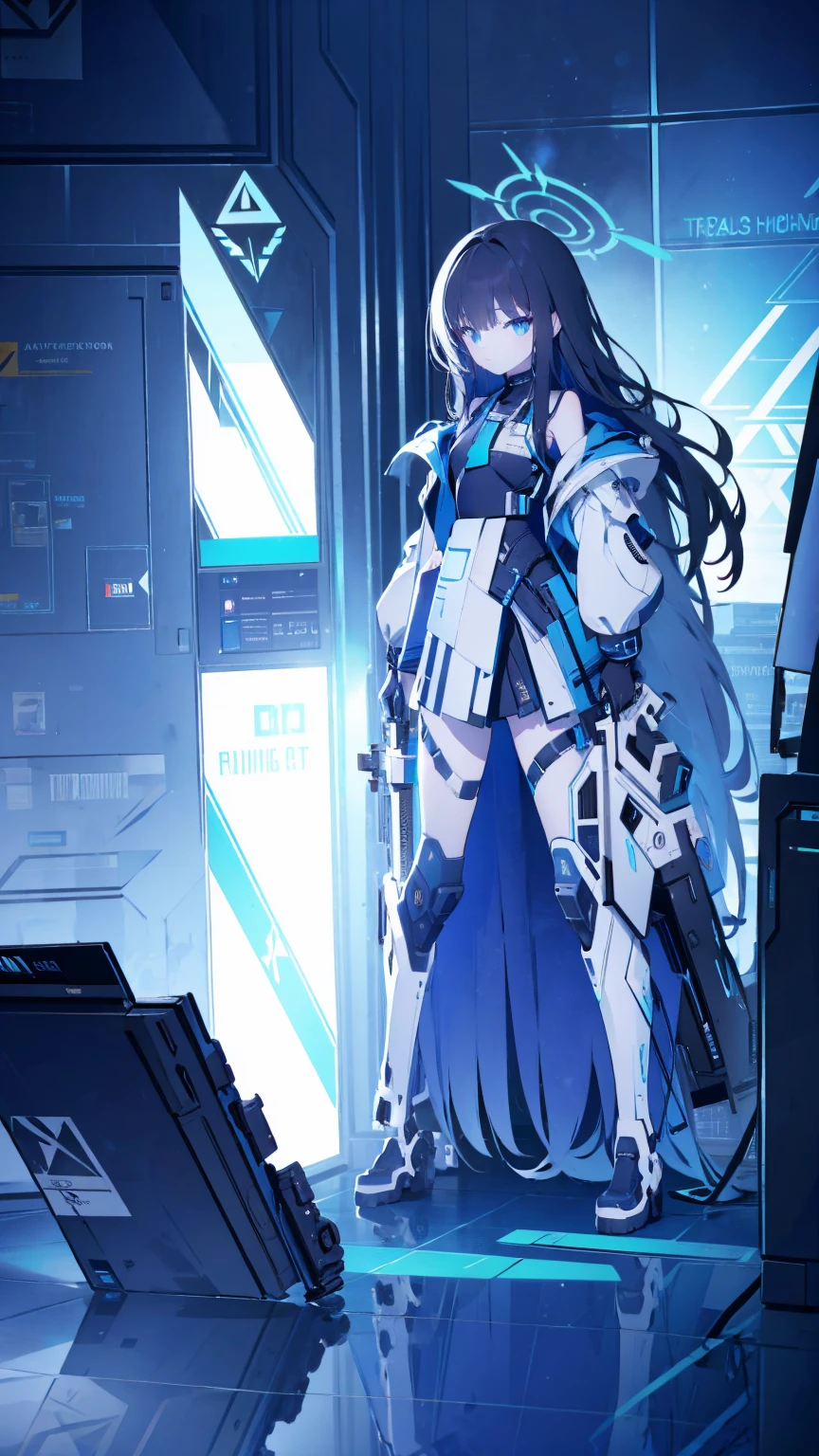 1 girl, black long hair, flat chest, full body, wearing , Blue Archive, holding assault rifle, high tech, inside engineering room