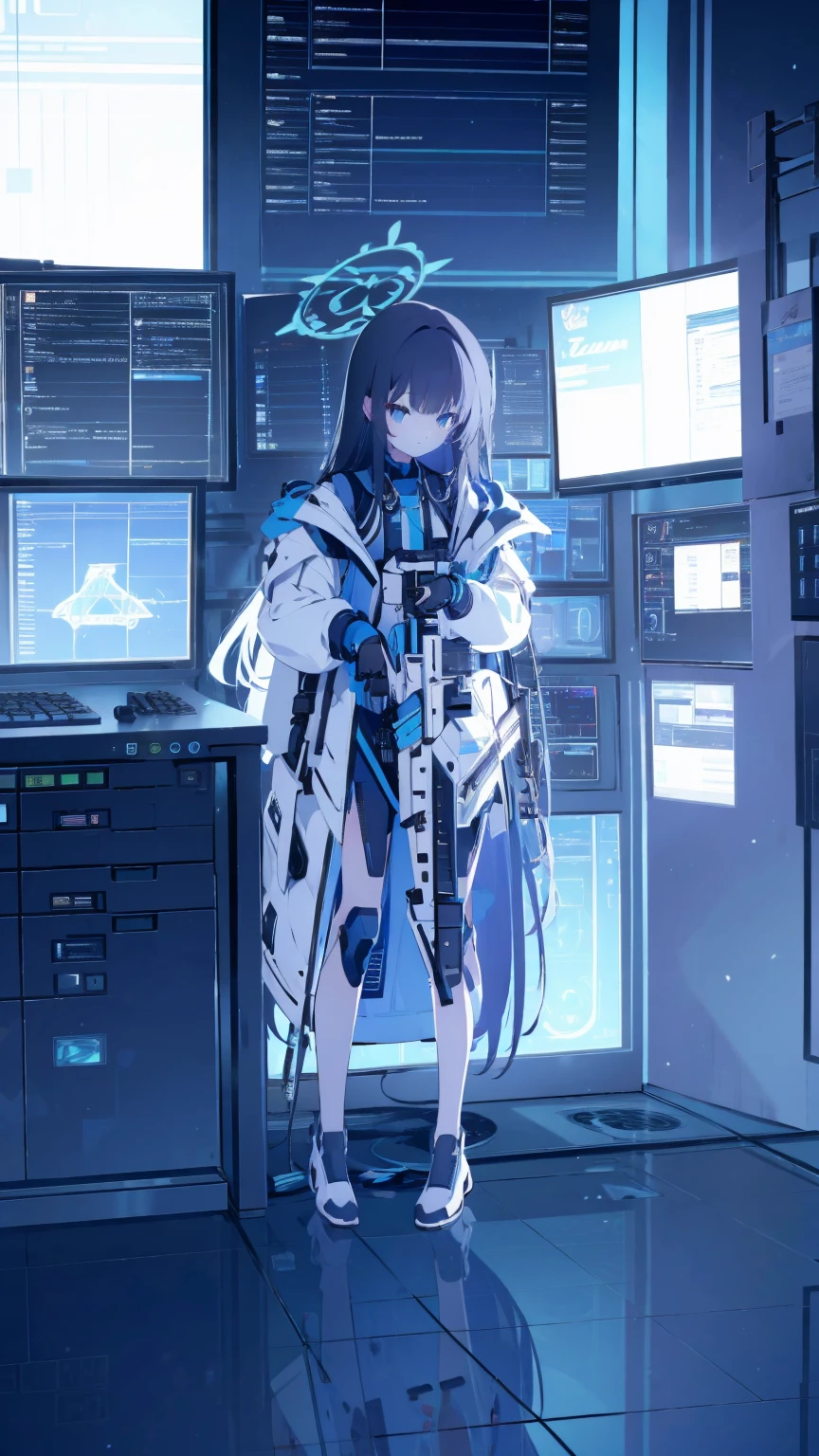 1 girl, black long hair, flat chest, full body, wearing , Blue Archive, holding assault rifle, high tech, inside engineering room