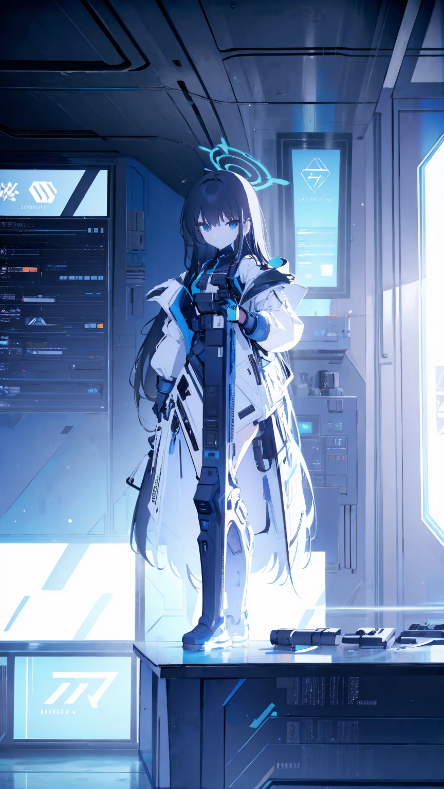 1 girl, black long hair, flat chest, full body, wearing , Blue Archive, holding assault rifle, high tech, inside engineering room