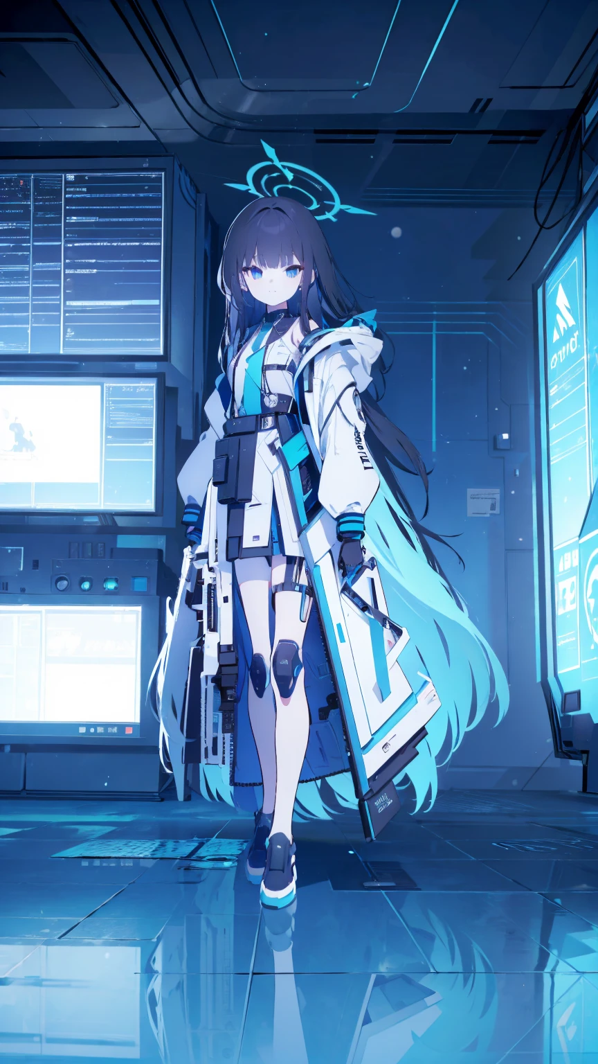 1 girl, black long hair, flat chest, full body, wearing , Blue Archive, holding assault rifle, high tech, inside engineering room