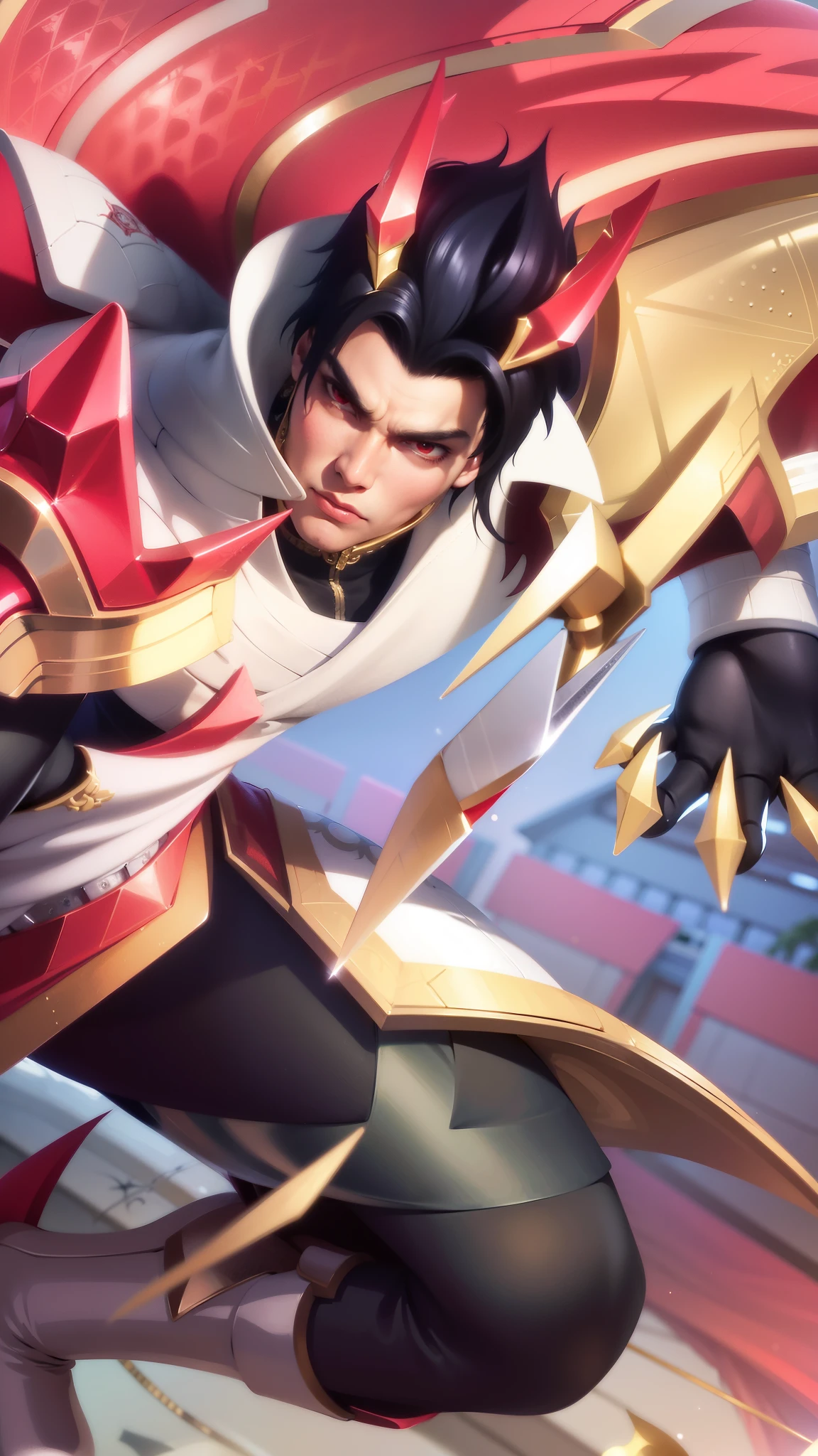 a close up of a guy with a sword and a red cape, son of sparda, handsome guy in demon slayer art, Best quality, masterpiece, detailed skin texture, detailed clothes texture, detailed face, super detail, 8k, intricate detail, The color doesn't change, Muscle guy, 1 guy, red eyes.