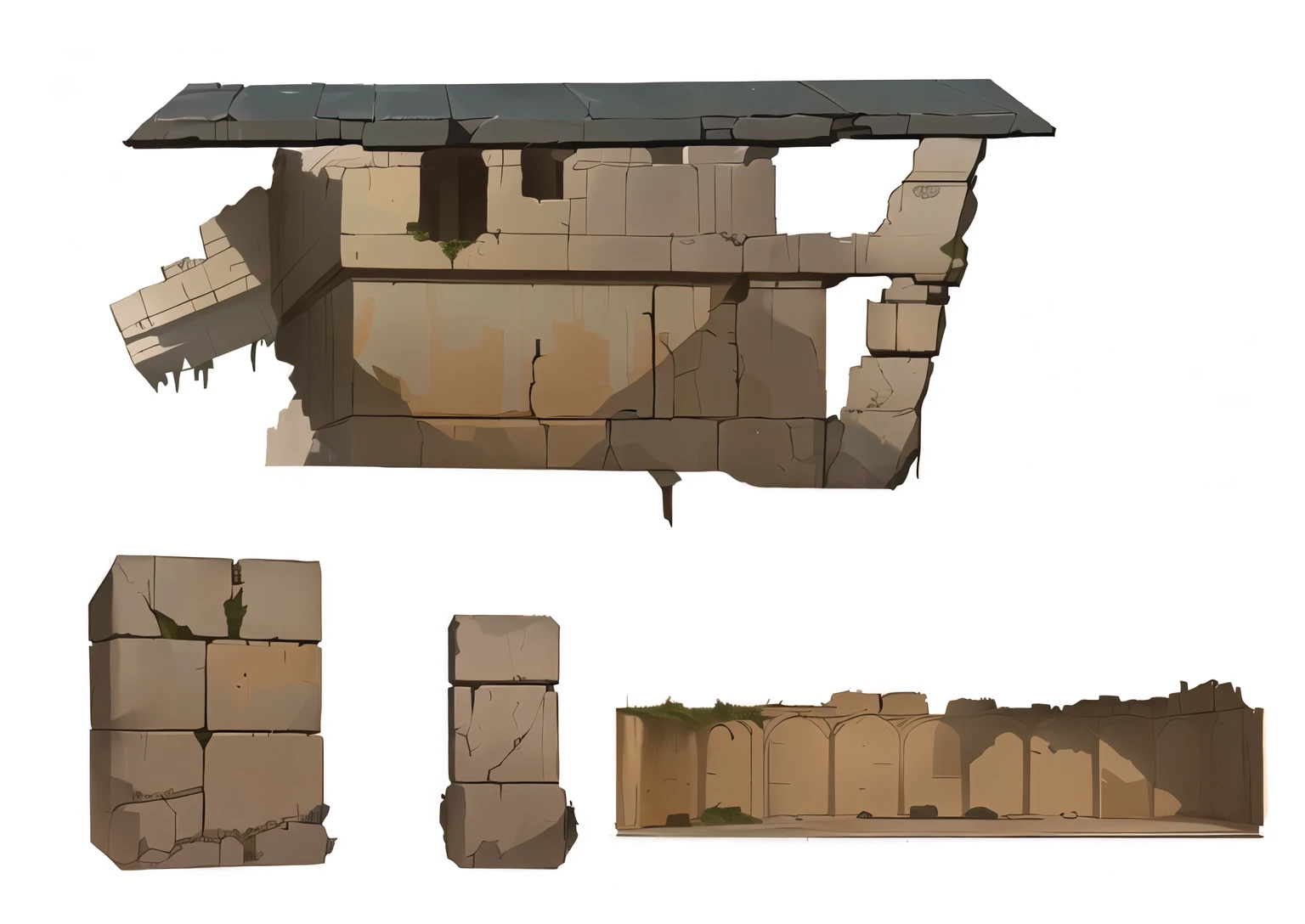 desenho de um muro de pedra com janela e porta, estruturas de tumbas gigantes, estruturas danificadas, ruins, templo em ruins, estrutura da parede, arquitetura arruinada, biblioteca de arte conceitual ruina, video ativos do jogo, ancient ruins, edifícios em ruins, ancient ruins background, pintado como uma arte conceitual de jogo, prop design, destroyed buildings, temple ruins, ativos do jogo
