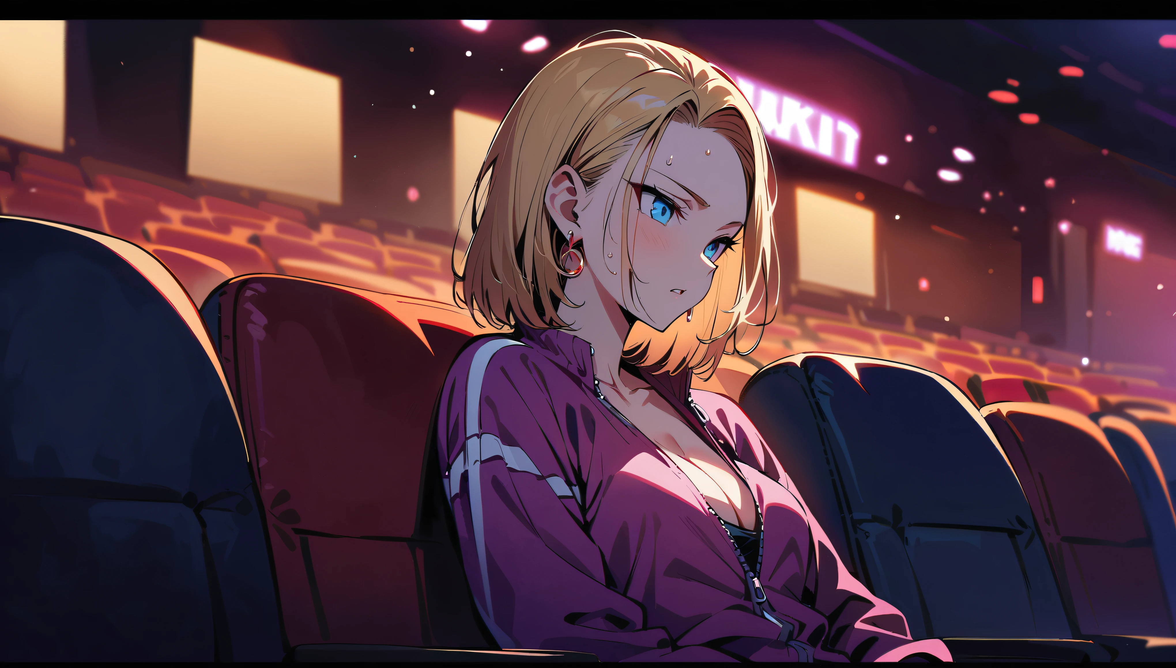 (masterpiece), (best quality), upper body shot, solo shot of Android 18 from Dragon Ball, sitting in a movie theater chair watching a movie, wearing a (purple tracksuit top with zipper pulled down exposing cleavage from her inner shirt), purple tracksuit bottoms, short blonde hair pulled back with strands sticking to her sweaty forehead, blue eyes, earrings on earlobes, slender feminine figure, narrow waistline, inside a movie theater with screen visible, 4K