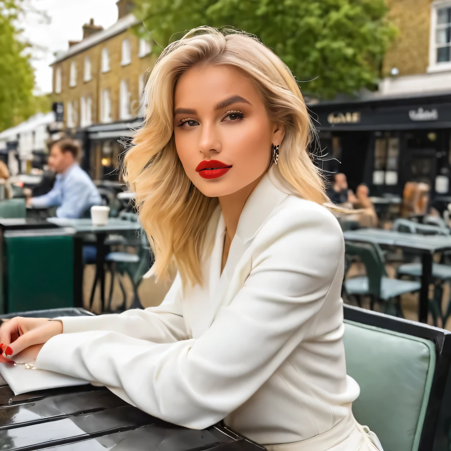 Young 25 Yrs blonde hair girl, middle length shoulder hair, glossy lips, stylish outfit, Model pose, sitting on cafe table outside, London Street, looking towards camera, Fashion Pose ((best quality)), ((masterpiece)), (detailed), perfect face Mo