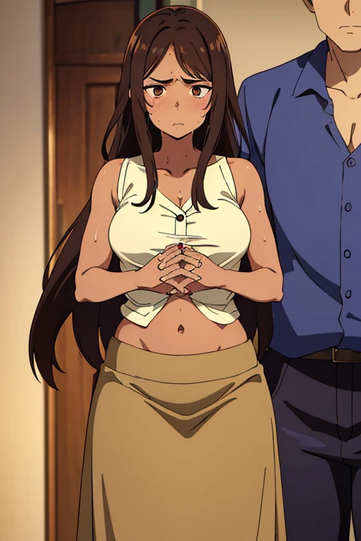 ((best quality)), ((masterpiece)), (detailed), perfect face, brown skin anime woman in a deep V Neck button-up cami top, (long skirt), famished in hunger, (gently resting hands on stomach), (long hair), (hands on her stomach), (slim and fit woman), (embarrassed expression), (sweaty), a cute boy is hugging the woman