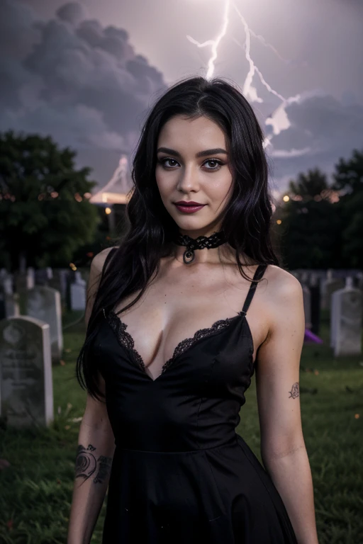 a woman, 25ear old, long brunette hairs, textured skin, romantic smile, purple and black hairs, professionnal lightning, flash lightning, in a cemetery, by night, black and purple makee up, black lace dress, spooky, spider web tattoo on the neck