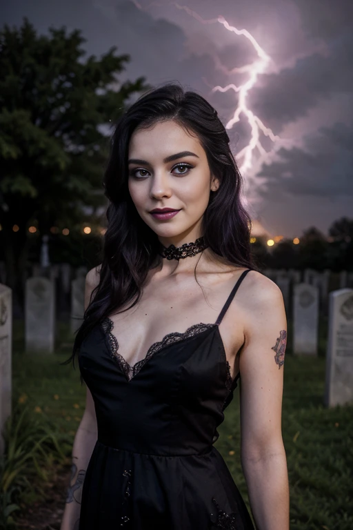 a woman, 25ear old, long brunette hairs, textured skin, romantic smile, purple and black hairs, professionnal lightning, flash lightning, in a cemetery, by night, black and purple makee up, black lace dress, spooky, spider web tattoo on the neck