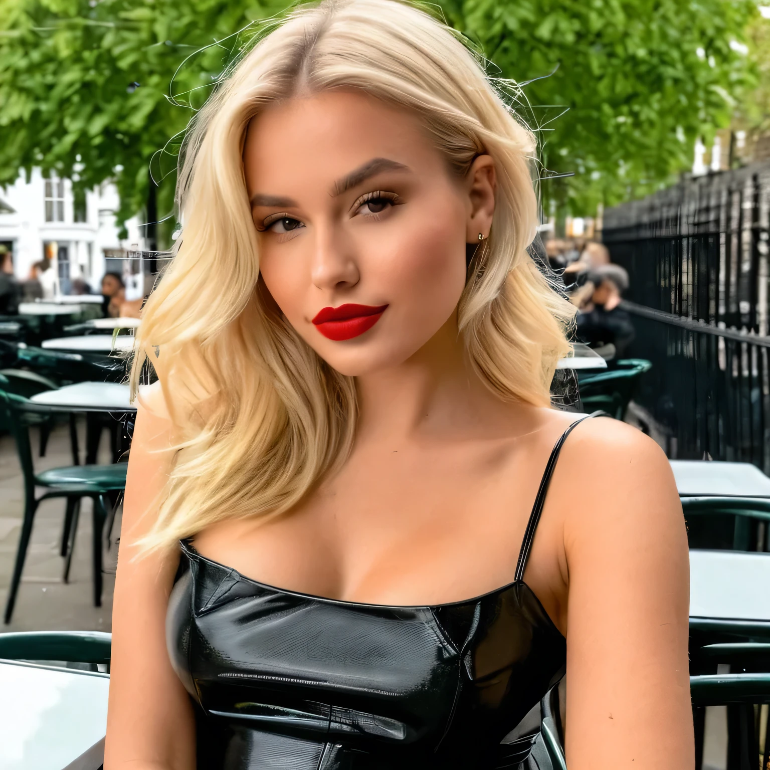Young 25 Yrs blonde hair girl, middle length shoulder hair, glossy lips, stylish outfit, Model pose, sitting on cafe table outside, London Street, looking towards camera, Fashion Pose ((best quality)), ((masterpiece)), (detailed), perfect face Mo
