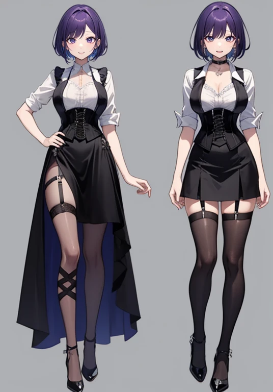 Purple hair,Short hair,Adult female,(Bartender),((Body harness)),((Black vest)),(Rolling up your sleeves shirt),(Corset),(Above knee length skirt),High heels,((Simple background)),Smile,((Full body)),((whole body)),Character Sheet,