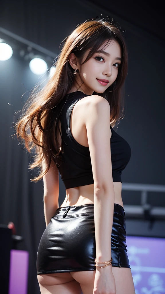 27 years old , fire、(UV black light :1.5), Dark Live House (Dark Live House)、night club, Psych Lighting, Dark interior, 1 woman(Korean K-pop star), Crowd of men surrounding her, (Tight sleeveless blouse in black color、tight mini skirt、끈있는 high heel:1.3)、beige skirt、Plump thighs、날씬한 beautiful bridge、shoot from the knee、angle from below、beautiful knee chest、gyaru nail art, bracelet, Jewelry earrings, white girl、woman makeup、long eyelashes、pink teak、fancy eye makeup、Mascara、orange hair:1.2、beautiful ass、beautiful hip line、random seductive poses、((fascinating expression:1.1))((etched smile))((Partially tied wavy bob hair))、The face is orderly.、looking at the viewer、fascinating look、Gestures of seduction、detailed face、beautiful face、Hair tying、Light brown eyes、1 girl、innocence、(realistic)、(intricate details:1.2)、(masterpiece、:1.3)、(top quality:1.4)、(Ultra A high resolution:1.2)、Ultra A high resolution、(eye for detail)、(detailed face 특징)、nffsw、8K resolution、random and sexy poses、beautiful bridge、Bend your knees slightly.、high heel、Your butt line is pretty、surrounded by men, closing one's eyes, intense dance, fluttering hair