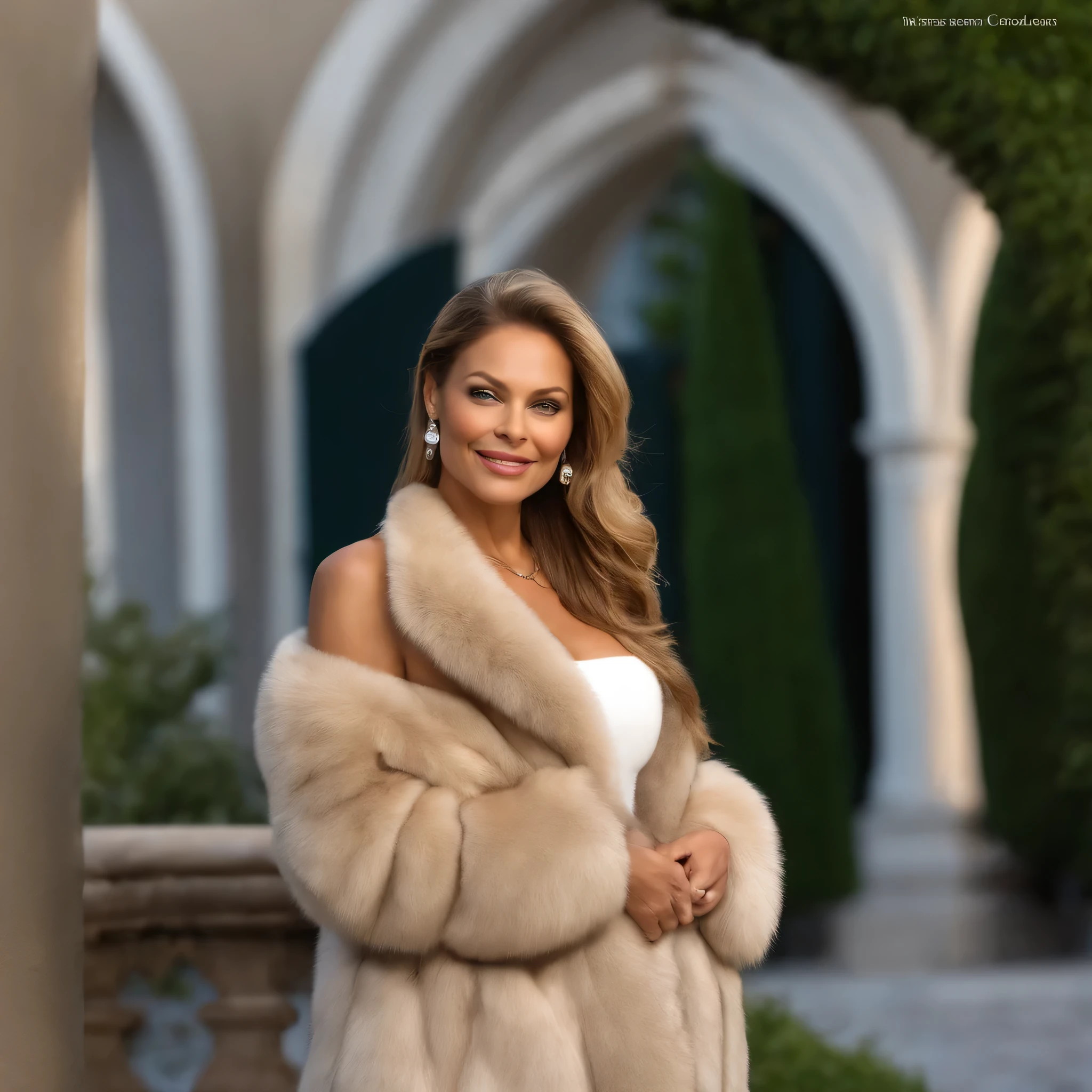 35 ans,(Une MILF:1.2), visage rond, un regard captivant, yeux verts, cheveux blonds,A very wide and very thick, very short sand mink fur coat, fifty centimeters thick, duveteux, naturel, with an ultra thick white and sand mink fur collar, three layers, souriante, fully nude front view, bare shoulders, and two large breast discovered by the fur, Ornella Muti jeune, Detailed wrinkles (8K, high resolution, Ultra-quality, A quality of&#39;image ultra élevée, ultrarealistic, best quality:1.2) (gros seins en bonnet D:1.1), eyes visible through the hair, with silver gray hair, bobbed hair, Bonne position des yeux, cinematic light, Soft light, lombes, la nuit, detailed color background, Convoluted, Very detailed, 8K, Overall Silhouette, posant professionnellement sur un canapé penthouse, En regardant directement la caméraUne photo d&#39;une femme souriante Nikon D850, objectif 85 mm