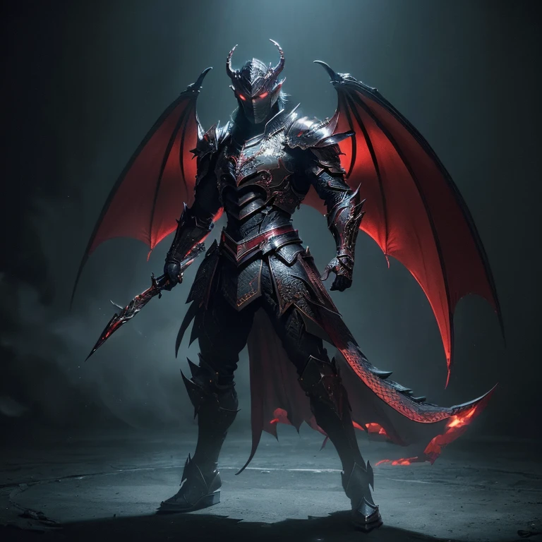 (master piece:1.5), (best quality:1.5), (exquisite lighting and shadow, highly dramatic picture, cinematic lens effect) (Photorealistic picture) (Card game image) 8k, wallpaper, dynamic pose, full body dragon knight wearing an intricate futuristic black armor with red ornaments, big dragon wings, ethereal lighting, sharp focus, highly detailed, realistic, cinematic lighting, studio quality
