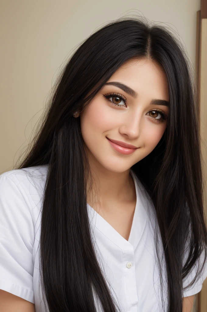 (close up shot),brown eyes, eyeshadow,eyelashes, pupils, eyebrows, nose, lips, smile, face, black hair, long hair, straight hair,1girl, albanian, solo,white shirt,short sleeves,