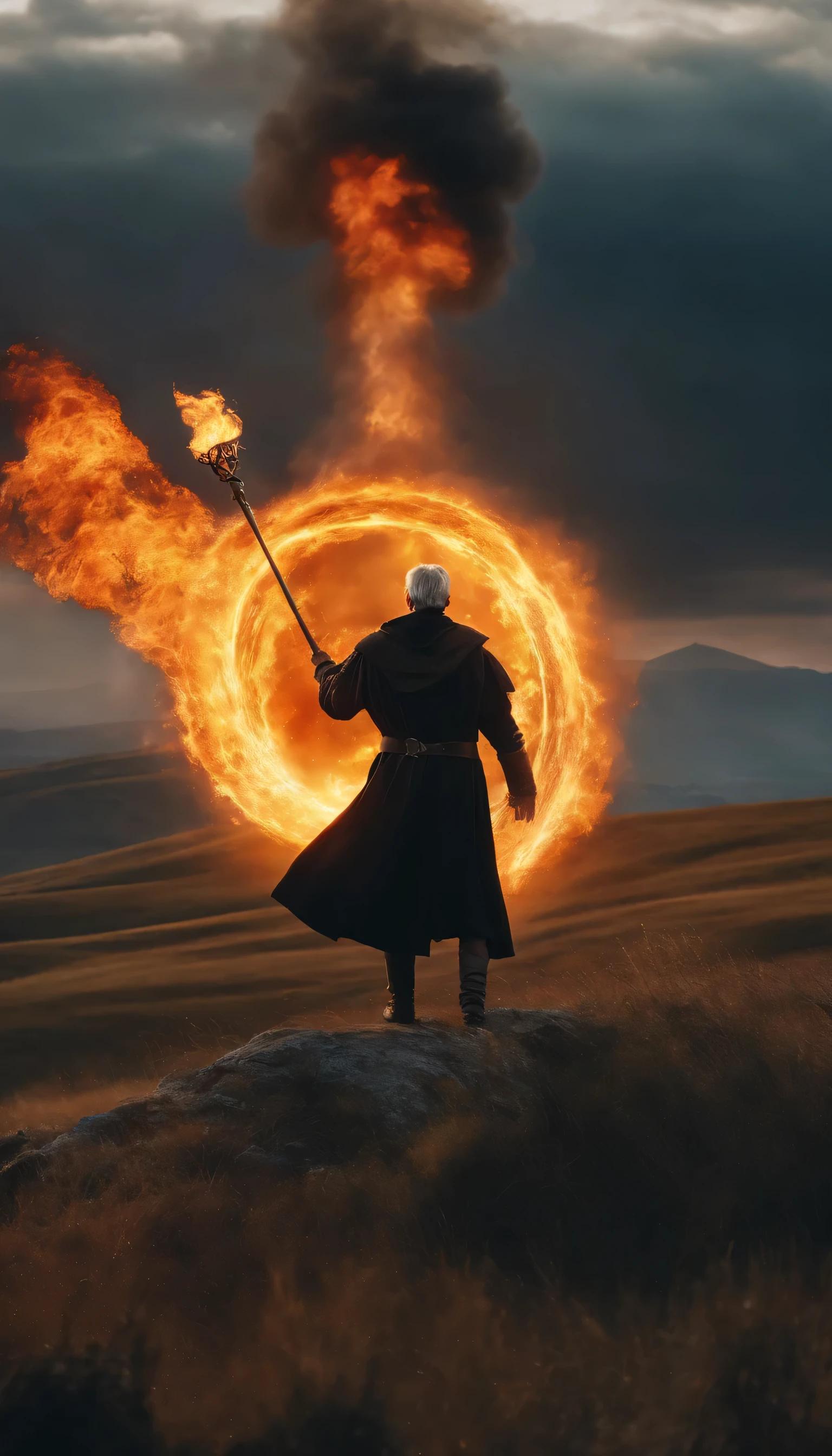 8k, close distance portrait, a male wizard with black clothes and grey short hair from behind, throwing a super massive huge fireball to medieval army like in lord of the rings in the distance from hill, with a burning medieval army background the distance