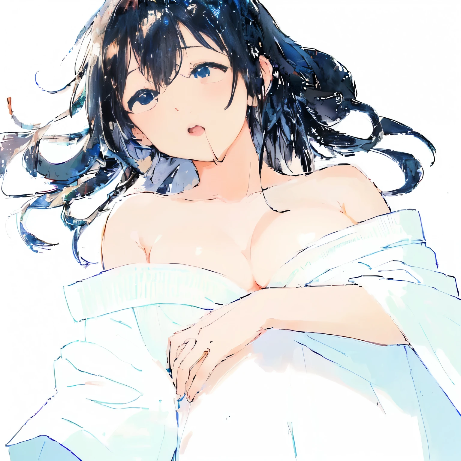 masterpiece, best quality, (anime screencap:1.3),(illustration), cute,(simple:1), (anime:1.2),solo sharp focus, 1girl, , open mouth,black hair,long hair,lie on own back,no pipils