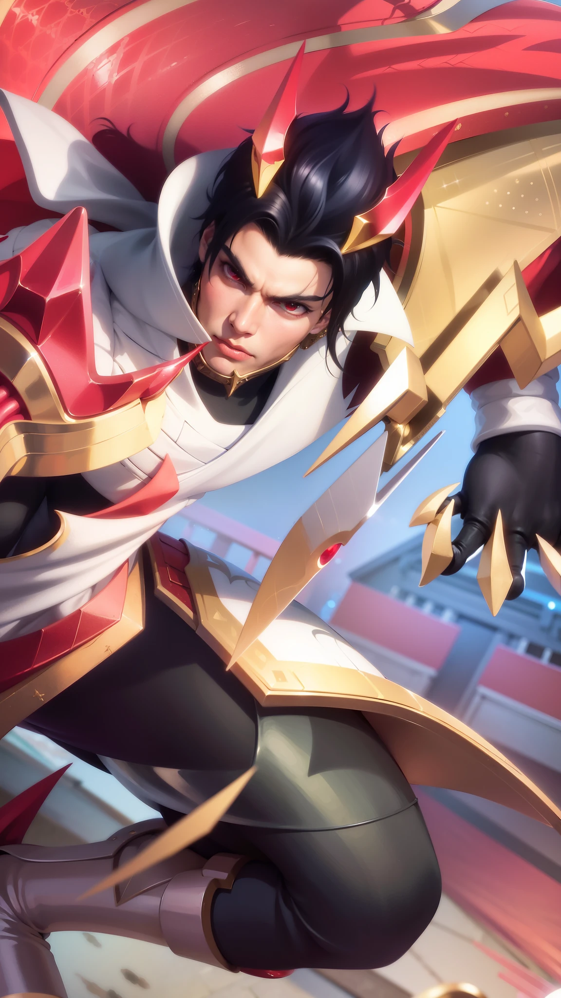 a close up of a guy with a sword and a red cape, son of sparda, handsome guy in demon slayer art, Best quality, masterpiece, detailed skin texture, detailed clothes texture, detailed face, super detail, 8k, intricate detail, The color doesn't change, Muscle guy, 1 guy, red eyes.