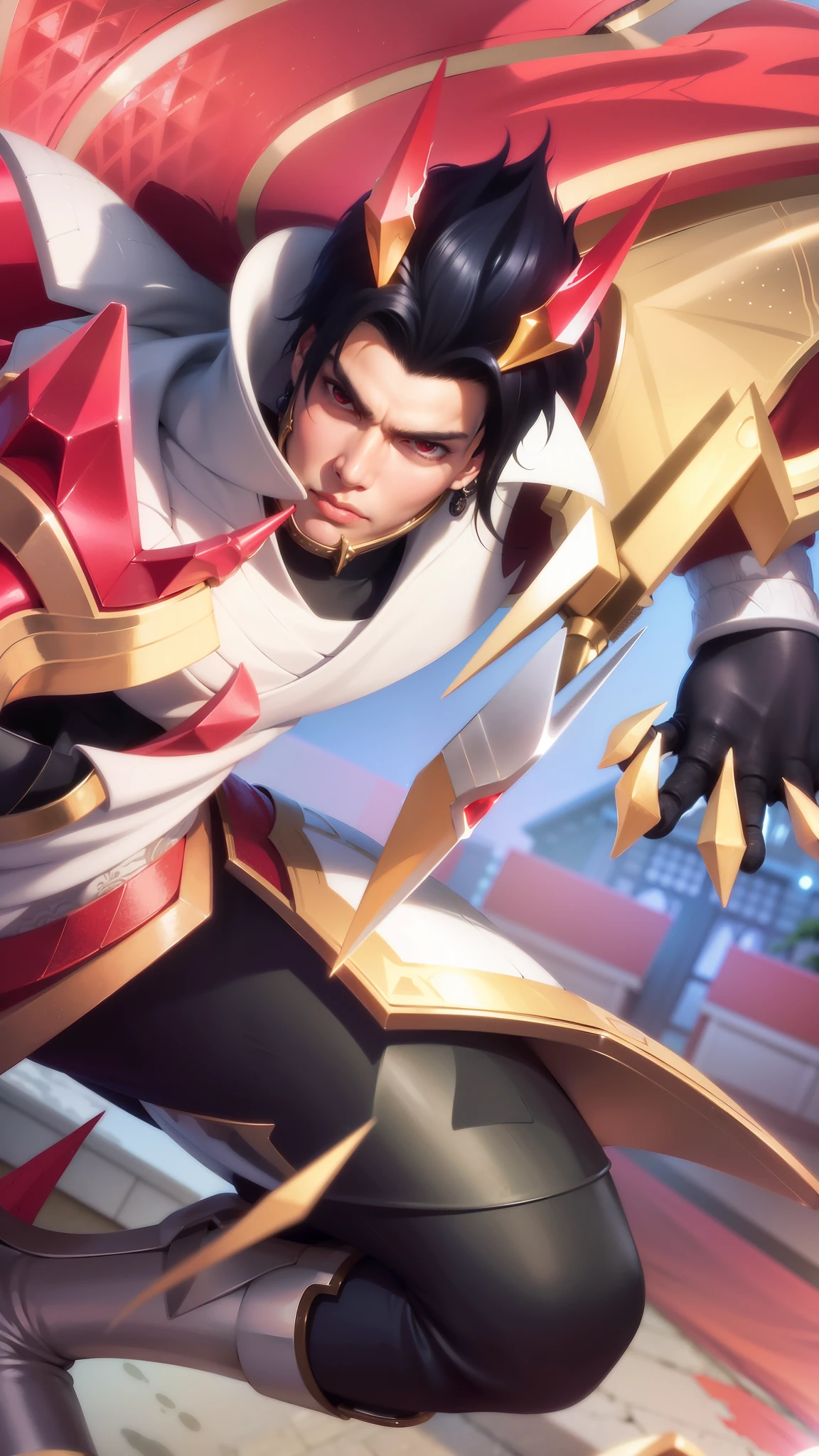 a close up of a guy with a sword and a red cape, son of sparda, handsome guy in demon slayer art, Best quality, masterpiece, detailed skin texture, detailed clothes texture, detailed face, super detail, 8k, intricate detail, The color doesn't change, Muscle guy, 1 guy, red eyes.