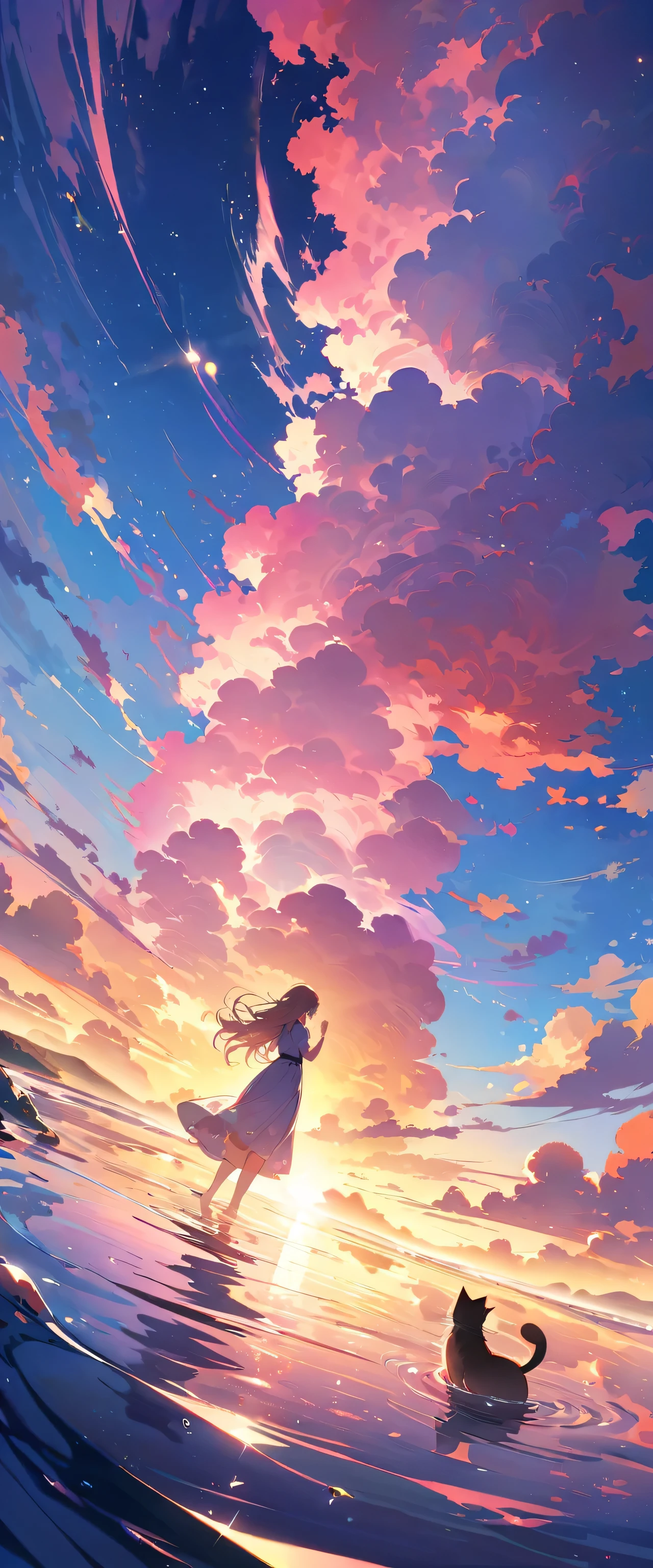official art, All-in-one 8k wallpaper, Extremely detailed, Masterpiece, Best picture quality,ultra wide angle,evening,woman,Standing in the pool,Water is like a mirror.,sky reflection。looking up at the sky,colorful sunset,Dynamic angle, grace, bright colors,Delicate reflection on the water,glittering ripples,soft golden light,A gentle breeze caressed her hair.,Autumn leaves in the background,Delicate tones of pink and purple in the sky.,The atmosphere is dreamy and ethereal.,Lens flares add magic.,1 cat
