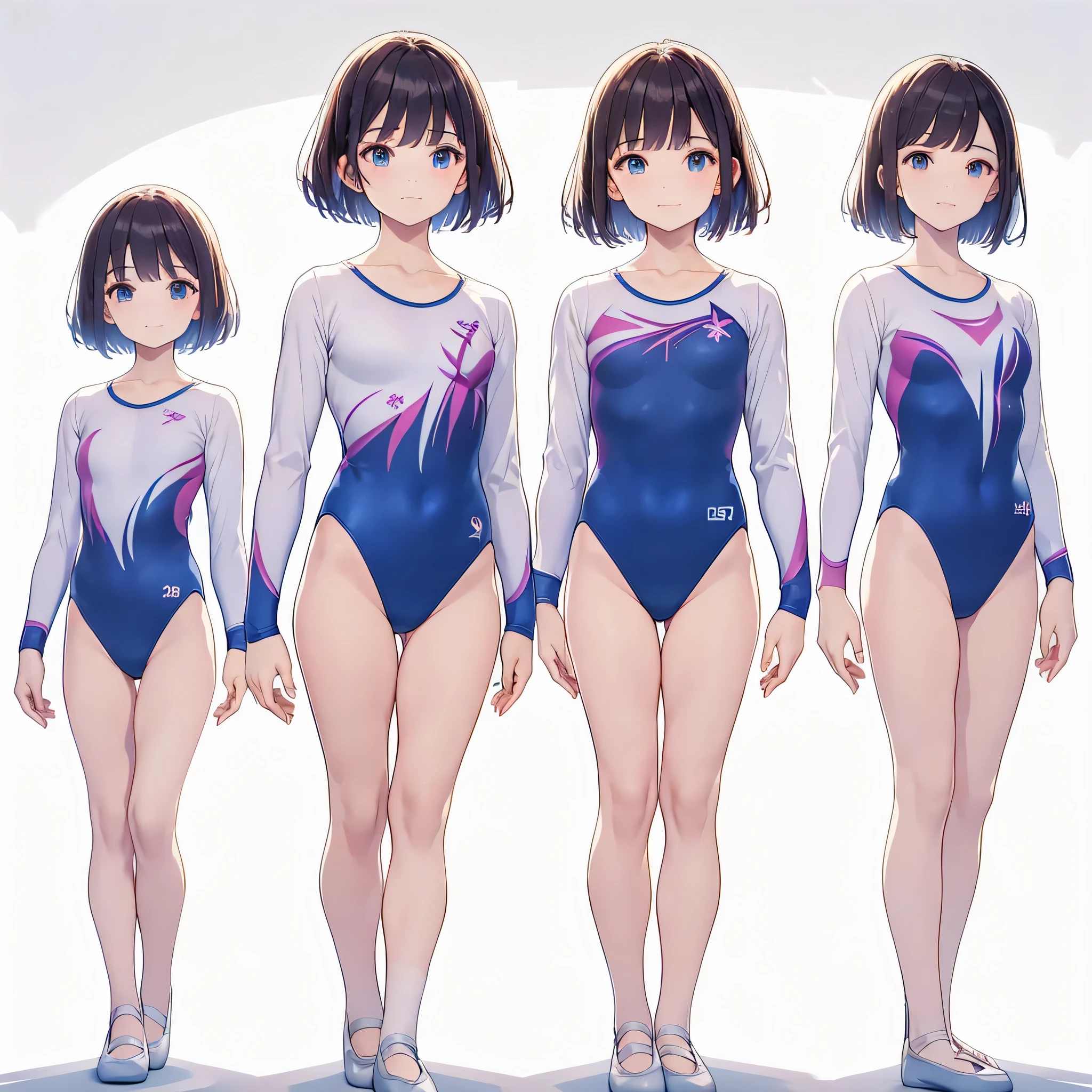 Gymnastics club,(4 girls:1.3),(long sleeves leotard:1.3),full body, bob cuts hair, long hair, (over 16 years old, under 19 years old:1.2), ballet shoes, white background