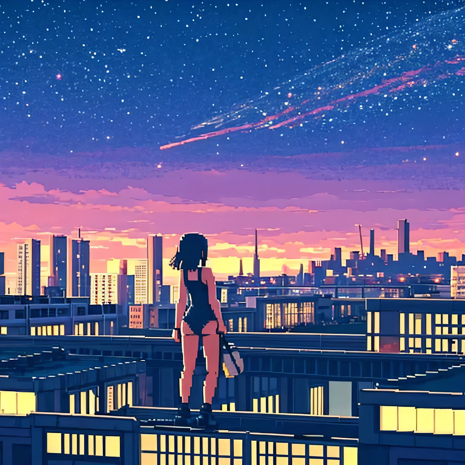 Girl in swimsuit walking towards the dark city, anime style landscape, decaying city, poor lighting, girl walking in the city, starry sky, destroyed city, planet seen in the sky, pixel art