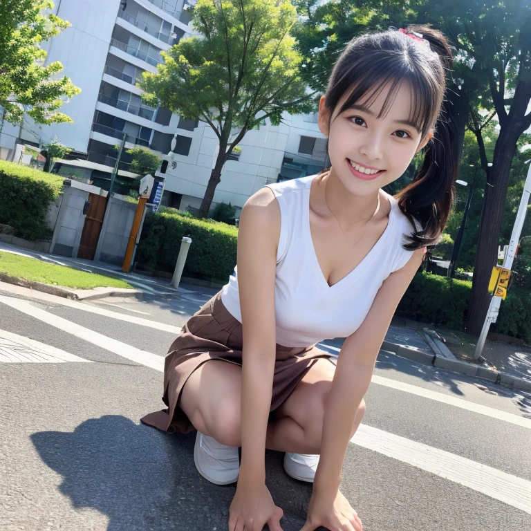 ### Photo
  - High-resolution
  - Realistic photo
  - portrait of Unconscious natural appearance
### Shooting Angle
  - Low front angle from the close ground level
  - Full body, including feet, in frontal view
  - Shooting with flash
### Person
  - Female
    - Japanese university student
    - childish cute graceful young news anchor
    - childlike-innocent
    - pure
### Lower body Pose
    - right knee and right hand touched on the ground in front and left thigh lifted up outward with enchanting left inner thigh, facing forward the view
    - like a crouching-start pose
    - Posture that appeals to the thighs, especially the inner thighs
### Outfit
  - a sleeveless summer top
    - naturally accentuates the slender line of the upper chest with its V-neck design
    - Lightweight fabric
  - a high-thighs pencil-mini-skirt
  - sandal
### Hairstyle
  - Half up ponytail with a ribbon
### Expression
  - graceful Toothy smile
  - having tripped and fallen, resulting in scraped knees
  - Elegant and clean fashion
  - Childish and girlish appearance
### background 
  - tree-lined street
  - mild sunshines 