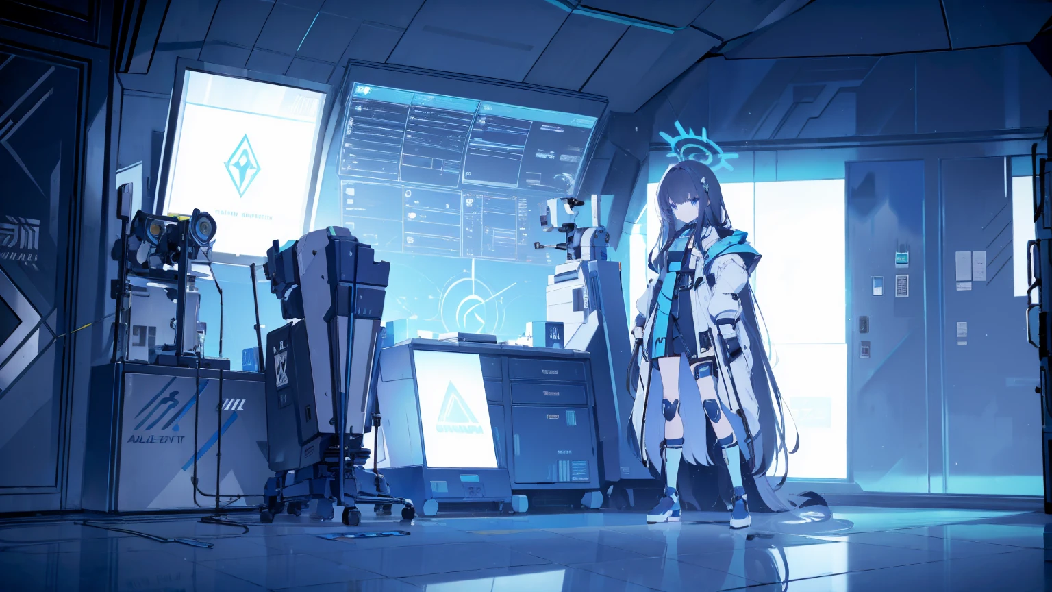 1 girl, black long hair, flat chest, full body, wearing , Blue Archive, holding assault rifle, high tech, inside engineering room, a mech suit in the background, lots of gadgets around the room