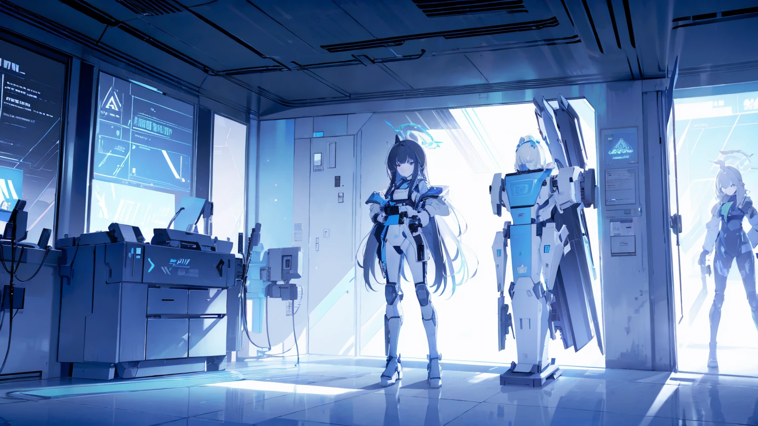 1 girl, black long hair, flat chest, full body, wearing , Blue Archive, holding assault rifle, high tech, inside engineering room, a mech suit in the background, lots of gadgets around the room