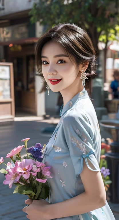 (masterpiece, top quality, best quality, official art, Beautiful and beautiful:1.2), Extremely detailed,(Fractal Art:1.1),(rich and colorful:1.1)(Flowers:1.3),Highest detail,(Zentangle:1.2), (Dynamic poses), ((Delicate hairpins,Flower Hair Card,Good-looking hair accessories)),(Glowing skin), (many colors:1.4), ,(earrings:1.4), Beautiful girl wearing retro colored ao dai, Practical:1.3, street, Cyberpunk, Sunlight, Backlighting, ((((HDR)))), Intricate scenes, Art Station, Intricate details, Vignette,Front face with smile