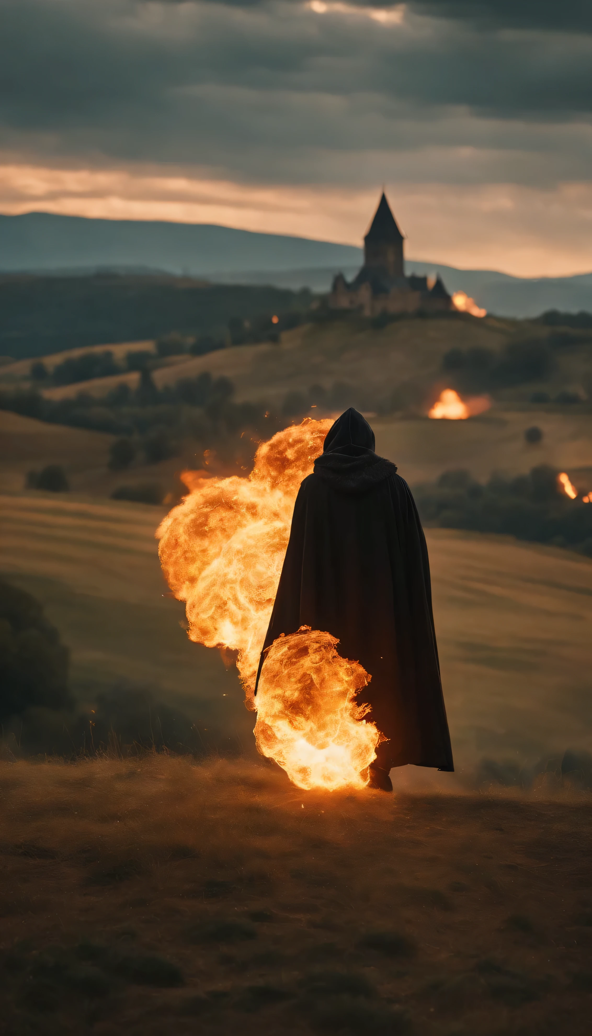 8k, close distance portrait, a male wizard with black clothes and grey short hair from behind, throwing a super massive huge fireball to medieval army like in lord of the rings in the distance from hill, with a burning medieval army background the distance