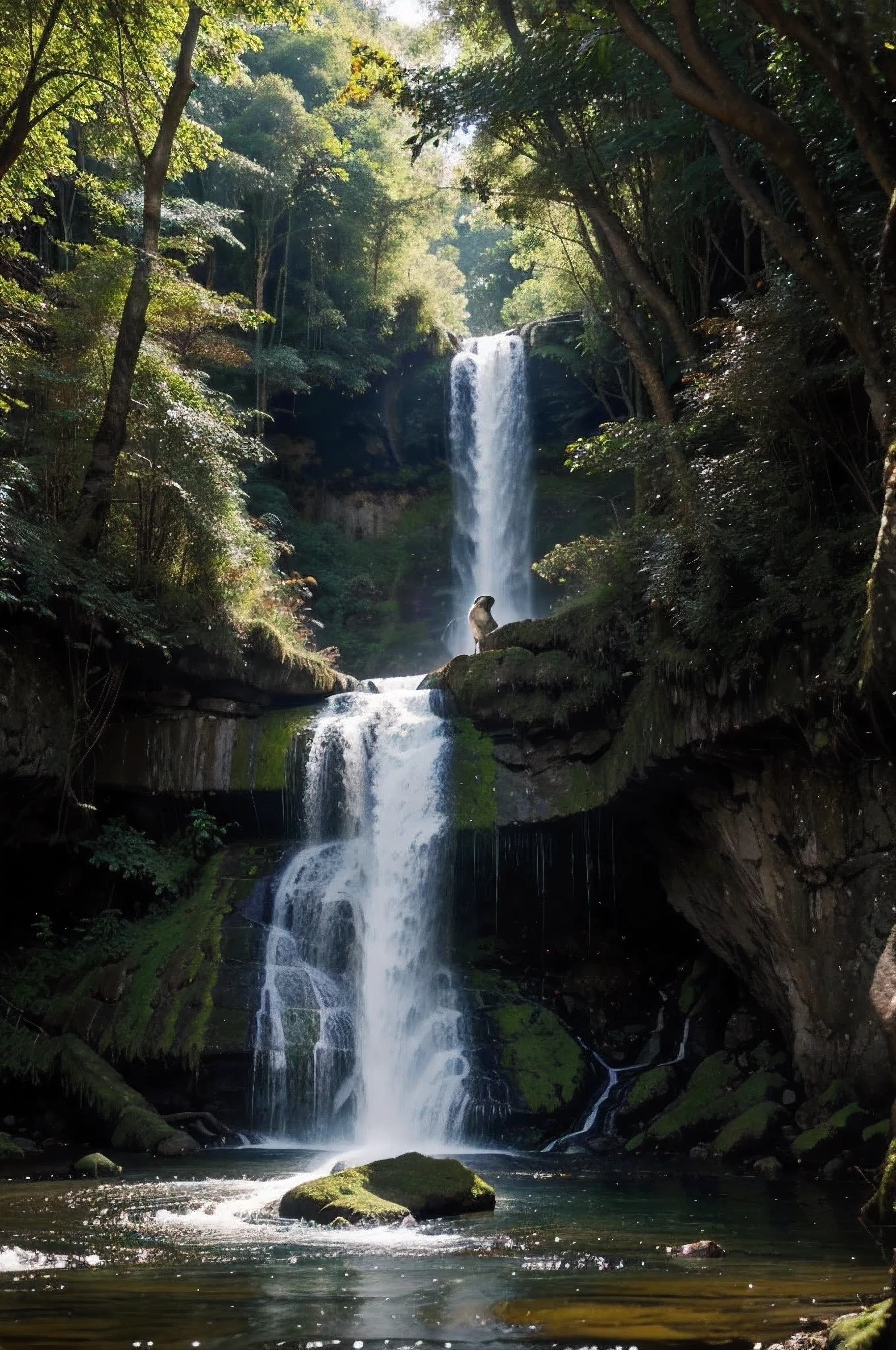 Beautiful landscape in the forest stream with deep waterfall in the forest with beautiful birds flying in the background and a jaguar drinking water from the beautiful stream