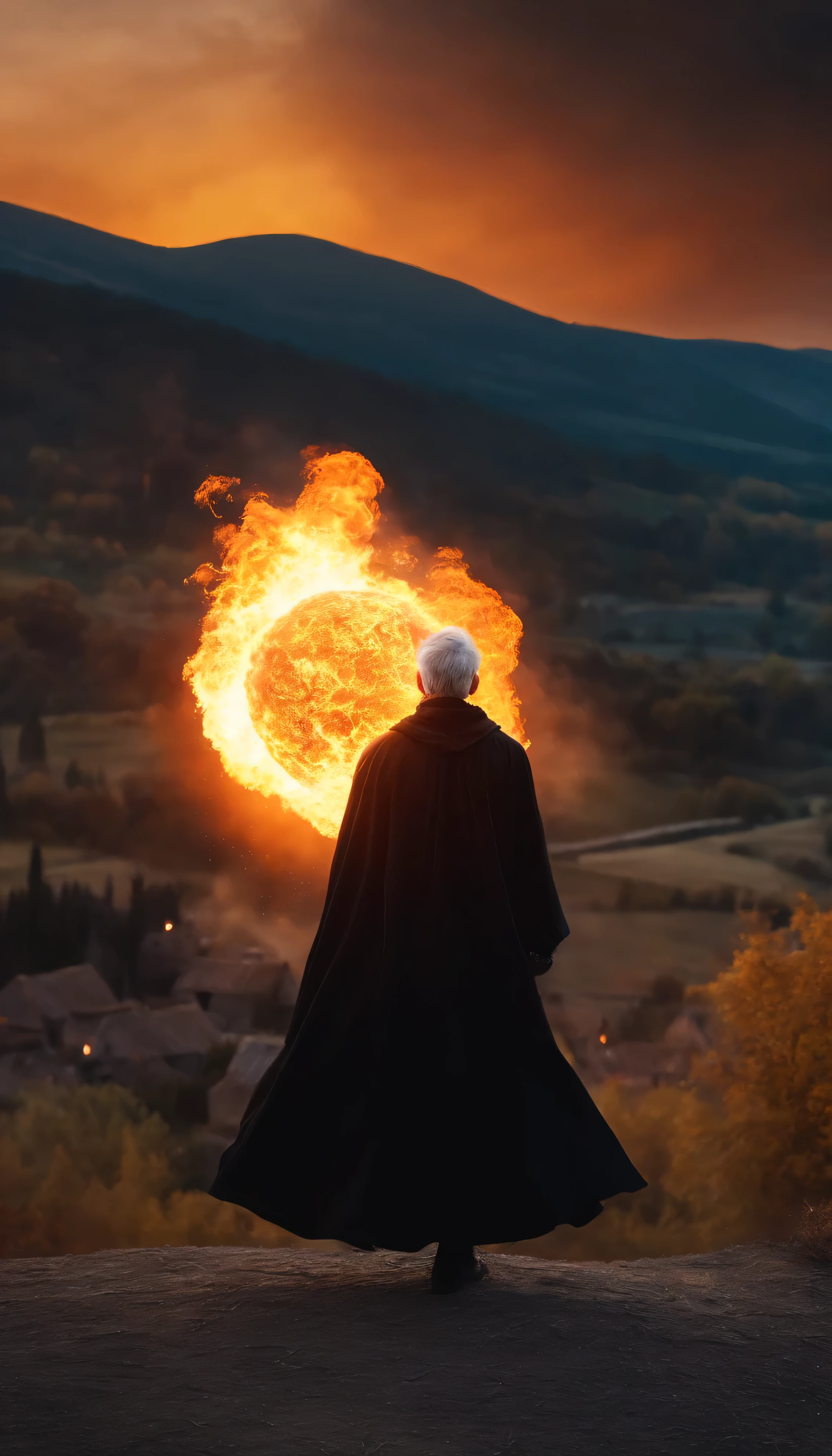 8k, close distance portrait, a male wizard with black clothes and grey short hair from behind, throwing a super massive huge fireball to a village in the distance from hill, with a burning village background the distance