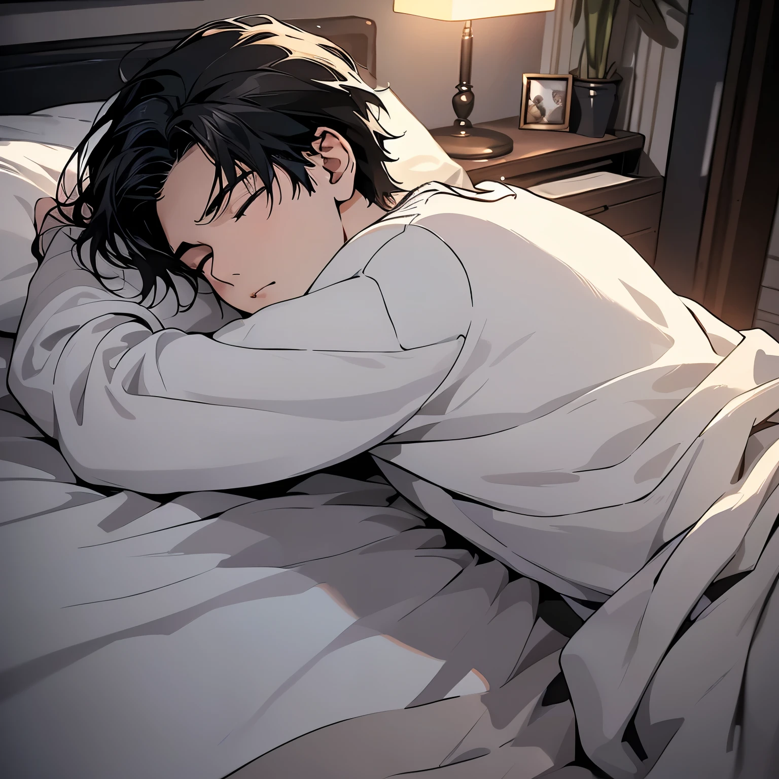 A black hair，18-year-old man in white sweater，Sleeping with back lying on bed in bedroom of house（Upper body display：1.5）（cinematic lighting：1.5）)(ultra-high detail:1.5)(best quality:1.5)